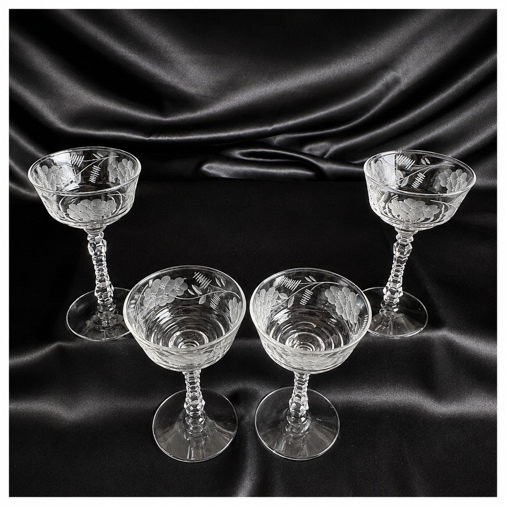 Libbey Rock Sharpe Champagne Sherbet Glasses Floral Etched 3005 Cut Stem Set 4